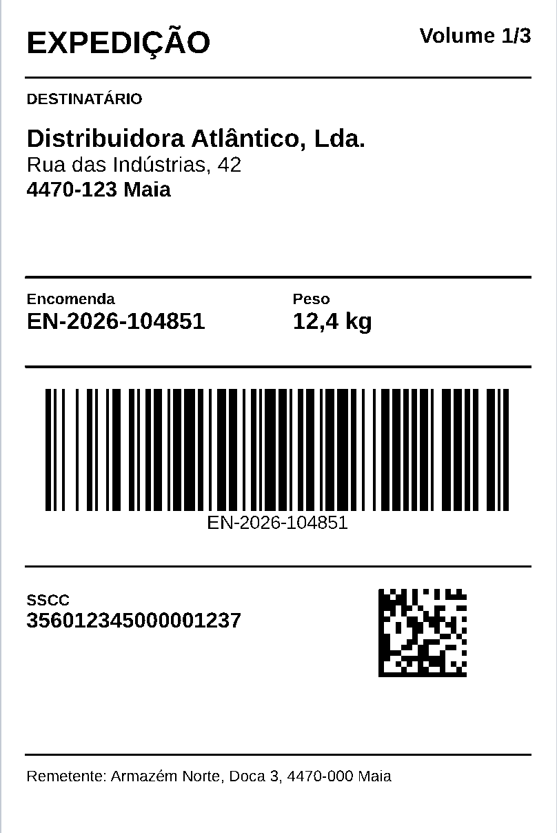 Etiqueta de expedição de 100 x 150 mm com destinatário, número da encomenda, peso, código de barras Code 128 e Data Matrix com o SSCC.