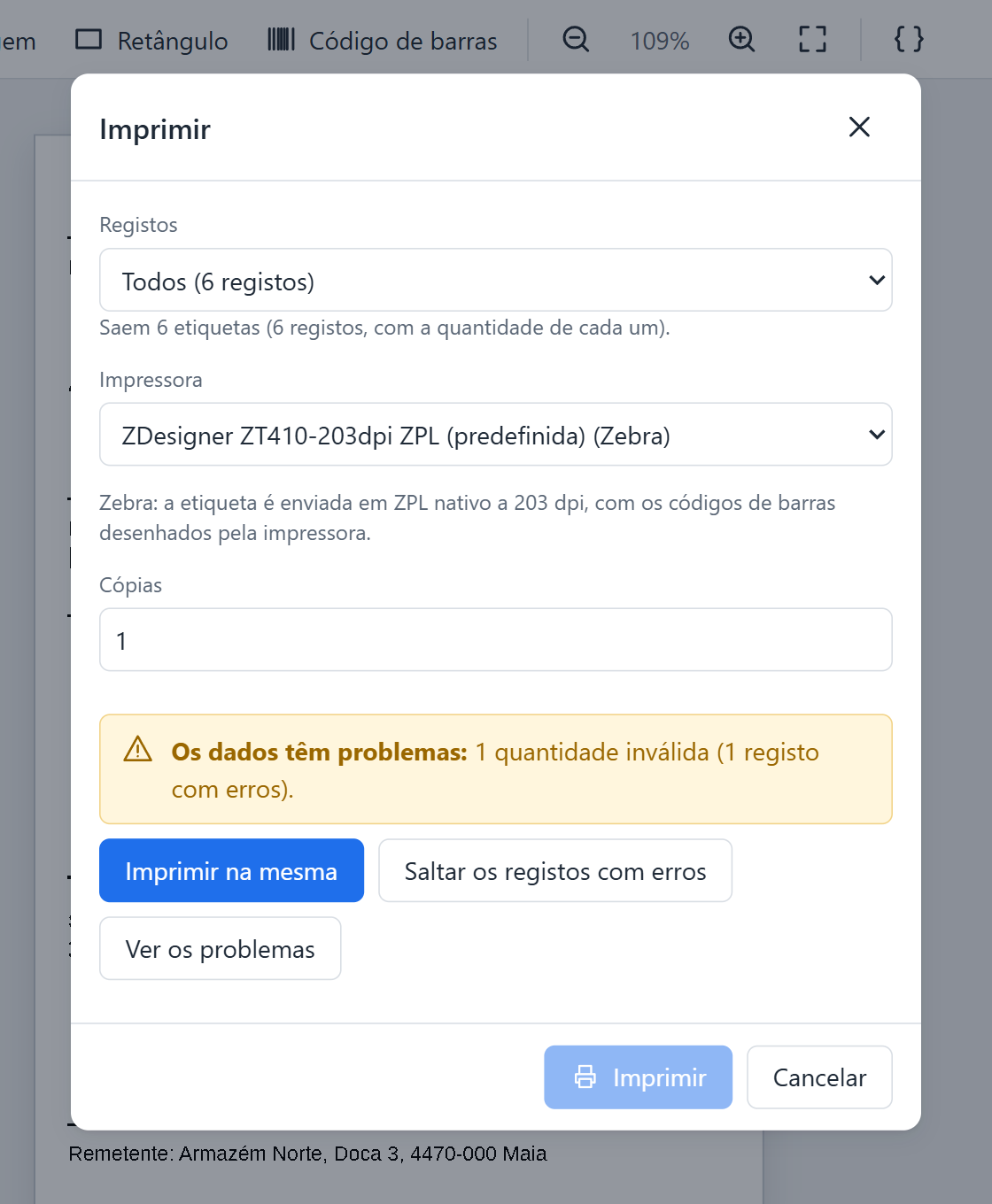Janela Imprimir do Etix com o aviso de uma quantidade inválida e os botões Imprimir na mesma, Saltar os registos com erros e Ver os problemas.